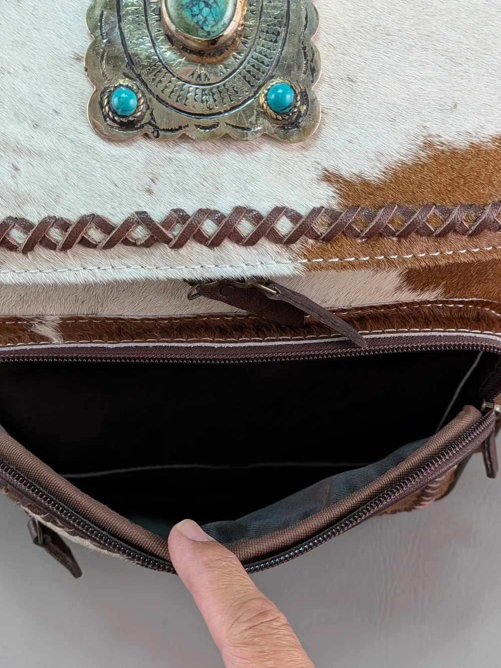 NWOT Western Leather Backpack Hair-On Hide Laptop Travel Diaper Turquoise Concho